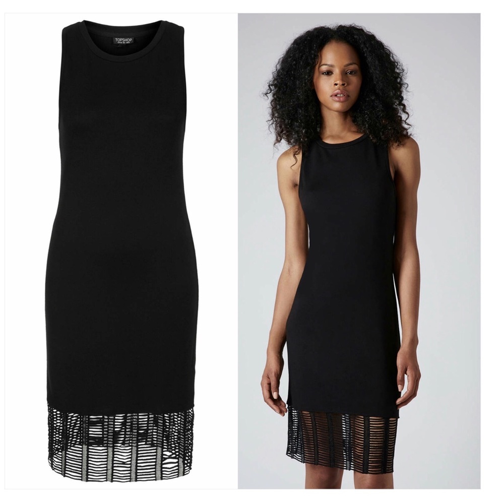 Topshop Black Midi Dress with Knit Fringe Hem